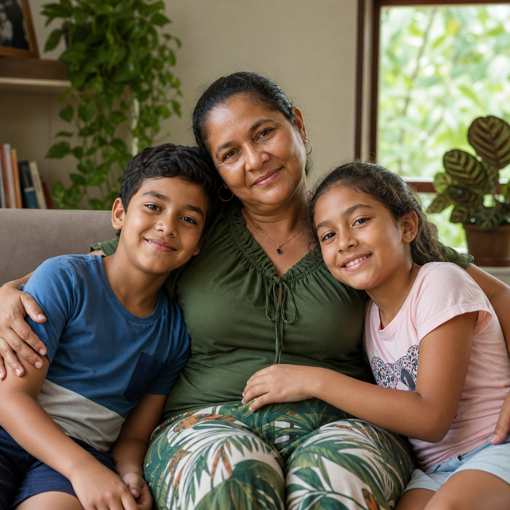Mãe com crianças aos 10 anos
